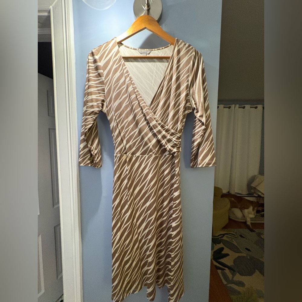 Brown and white animal print wrap dress with belt